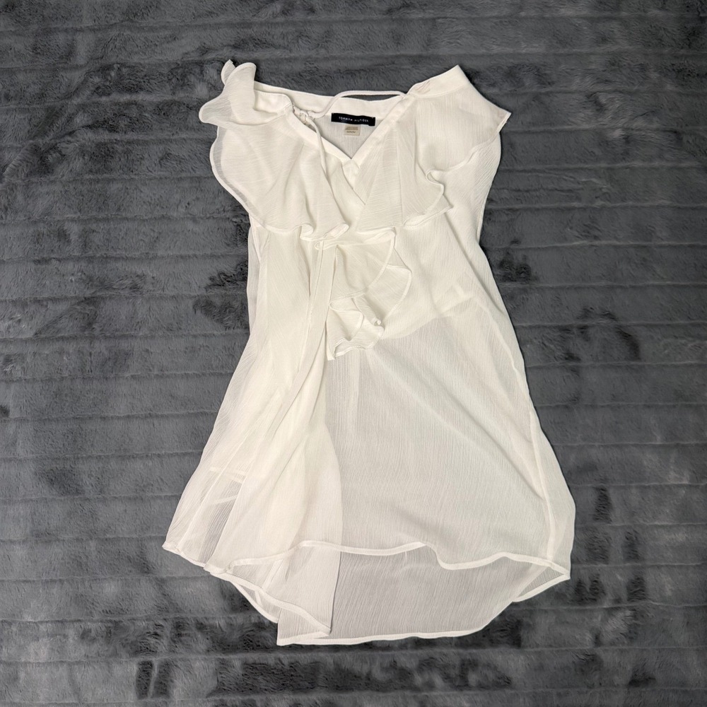 Tommy Hilfiger Womens White Ruffle V-Neck Sleeveless Chiffon Blouse Medium